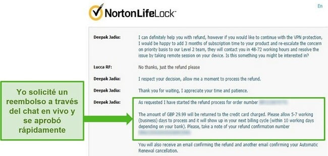 Captura de pantalla para solicitar un reembolso a través del chat en vivo 24/7 de Norton Secure VPN