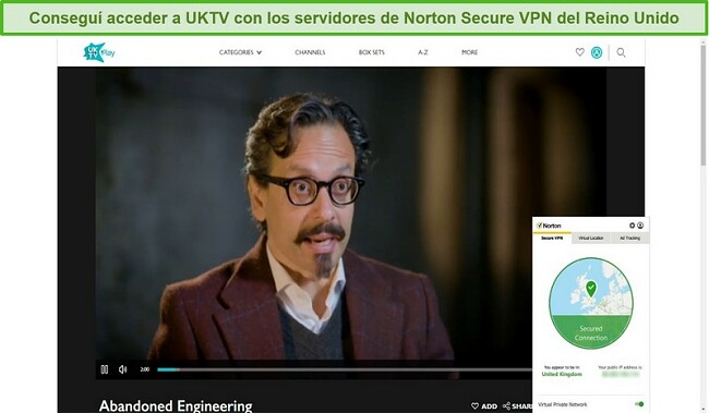 Captura de pantalla de Norton Secure VPN que desbloquea UKTV y transmite Ingeniería abandonada