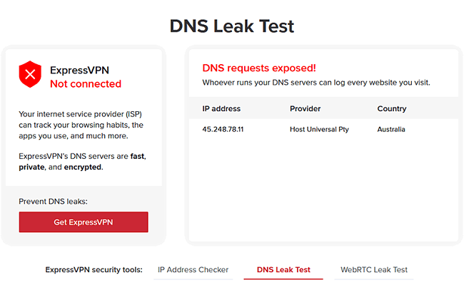 ExpressVPN dns leaks test