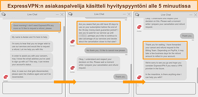 Kuvakaappauksia ExpressVPN:n live-chat-agentista, joka käsittelee hyvityspyyntöä.