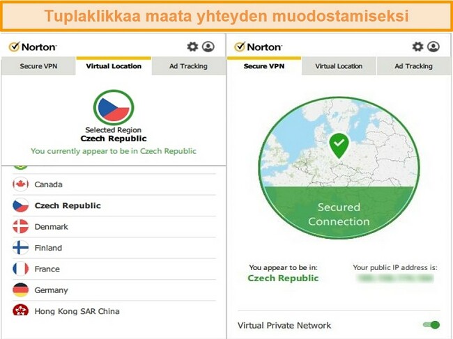 Näyttökuva Norton Secure VPN: stä, joka on kytketty Tšekin tasavallan palvelimeen