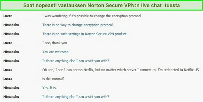 Näyttökuva live-keskustelusta Norton Secure VPN -tuen kanssa