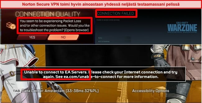 Näyttökuva Norton Secure VPN: stä, joka aiheuttaa online-peleissä yhteysongelmia