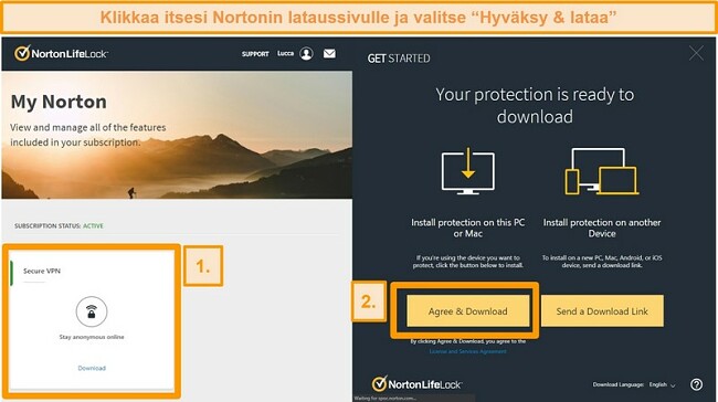 Kuvakaappaukset Norton Secure VPNs My Norton -sovelluksesta ja lataussivut