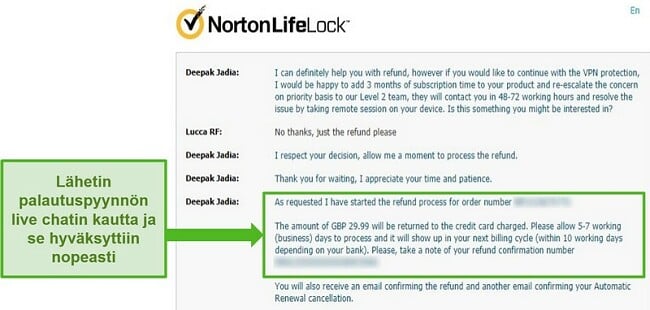 Näyttökuva palautuksen pyytämisestä Norton Secure VPN: n 24/7 live-chatin kautta