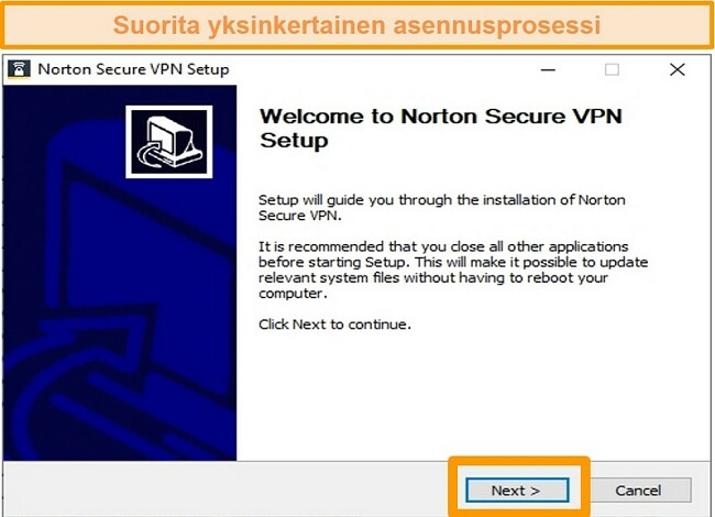 Näyttökuva Norton Secure VPN: n Windowsin asennusprosessin ensimmäisestä vaiheesta