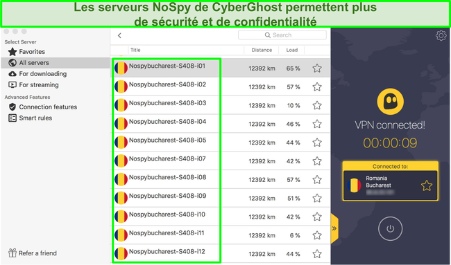 Capture d'écran de l'interface VPN CyberGhost montrant ses serveurs NoSpy