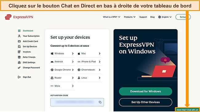 Capture d'écran du tableau de bord du compte ExpressVPN avec le bouton Live Chat mis en surbrillance.