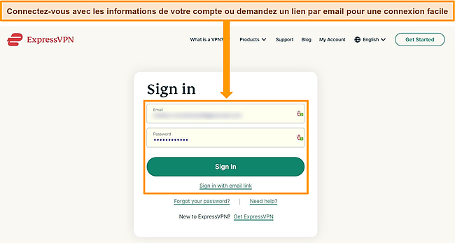 Capture d'écran de la page de connexion d'ExpressVPN.