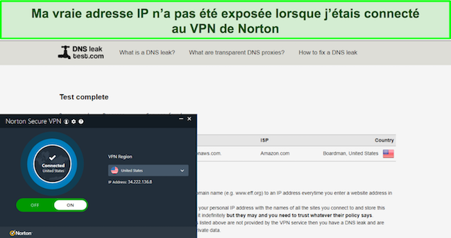Capture d'écran de Norton VPN réussissant mes tests de fuite DNS