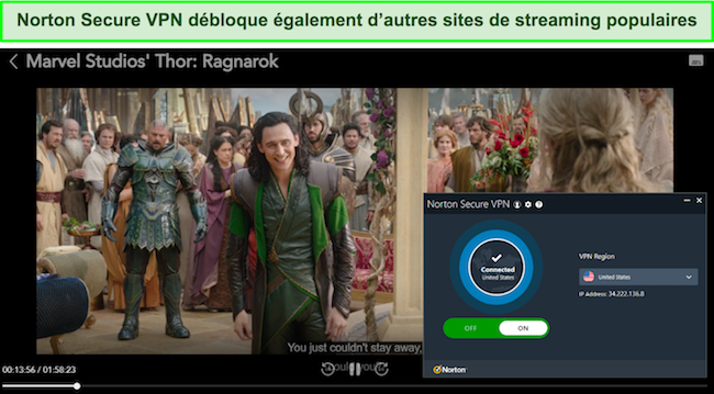 Capture d'écran de Norton Secure VPN débloquant les sites de streaming populaires