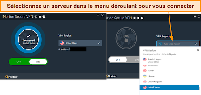 Capture d'écran de l'interface de l'application Norton Secure VPN