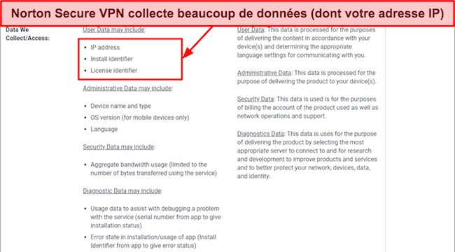 Capture d'écran de la politique de confidentialité spécifique à Norton VPN