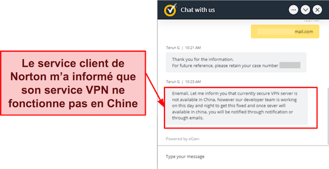 Capture d'écran du support Norton m'informant que son VPN ne fonctionne pas en Chine