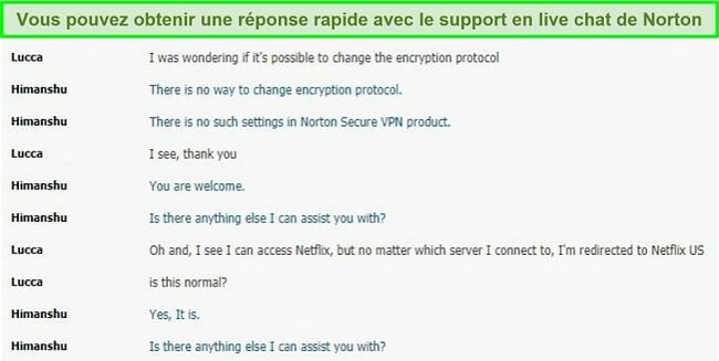 Capture d'écran d'un chat en direct avec le représentant du support client de Norton.