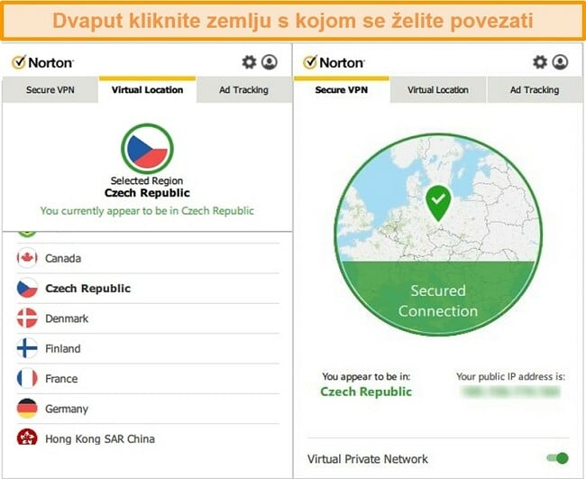 Snimka zaslona Norton Secure VPN-a povezanog s poslužiteljem u Češkoj