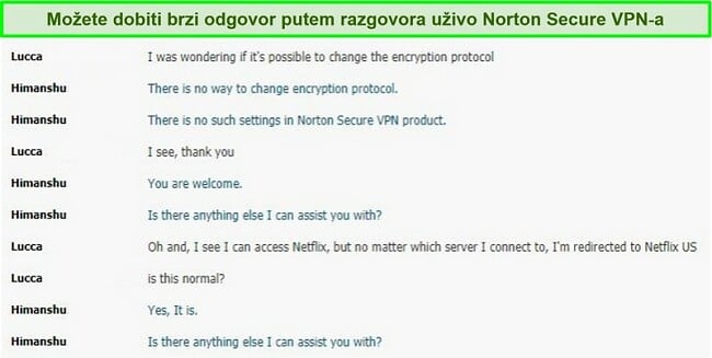 Snimka zaslona razgovora u chatu uživo s podrškom za Norton Secure VPN