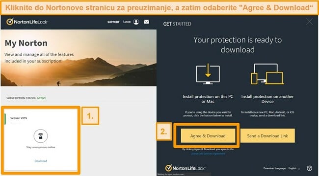 Snimke zaslona Norton Secure VPN-ova My Norton i stranice za preuzimanje