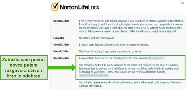 Snimka zaslona zahtjeva za povrat novca putem chata Norton Secure VPN 24/7 uživo
