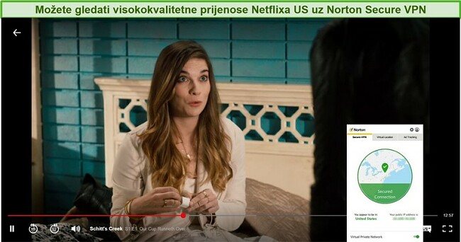 Snimka zaslona Norton Secure VPN-a deblokirajući Netflix US i strujeći Schitt's Creek