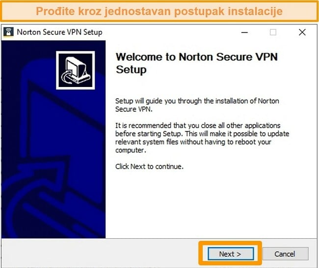 Snimka zaslona prvog koraka postupka instalacije sustava Windows tvrtke Norton Secure VPN