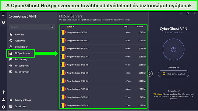 Képernyőkép a CyberGhost Windows-alkalmazásáról, amely a NoSpy-kiszolgálók listáját mutatja.