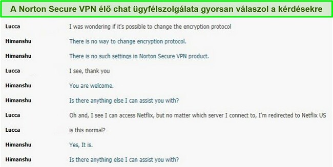 Pillanatkép egy élő csevegésről a Norton Secure VPN támogatással