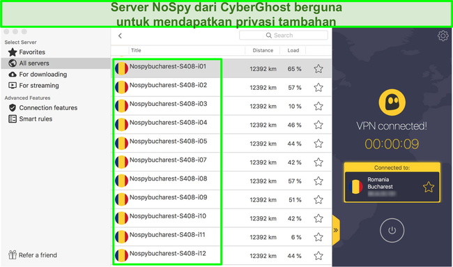 Tangkapan layar antarmuka VPN CyberGhost menampilkan server NoSpy-nya