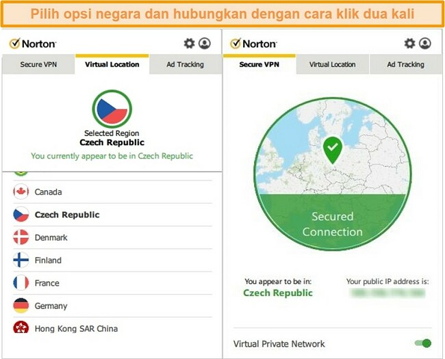 Tangkapan layar dari Norton Secure VPN yang terhubung ke server di Republik Ceko