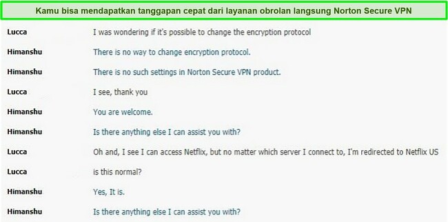 Tangkapan layar percakapan obrolan langsung dengan dukungan Norton Secure VPN