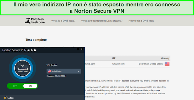 Screenshot di Norton VPN che supera i miei test di tenuta DNS