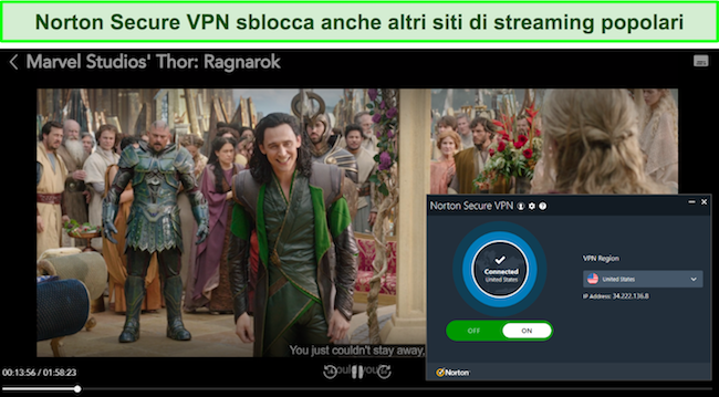 Screenshot di Norton Secure VPN che sblocca siti di streaming popolari