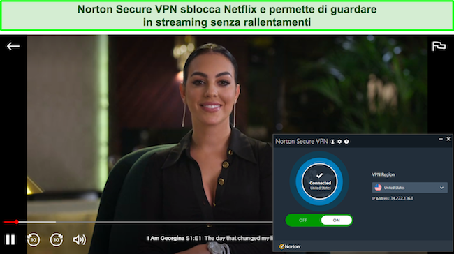 Screenshot di Norton Secure VPN che sblocca Netflix