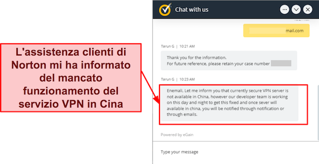 Screenshot del supporto Norton che mi informa che la sua VPN non funziona in Cina