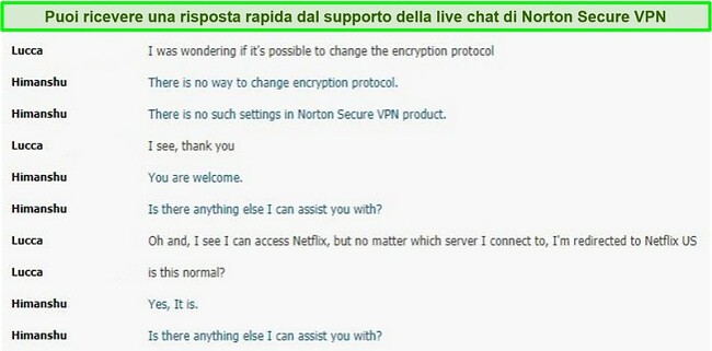 Screenshot di una conversazione in chat dal vivo con il supporto di Norton Secure VPN.