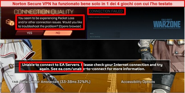 Screenshot di Norton Secure VPN che causa problemi di connettività nei giochi online.