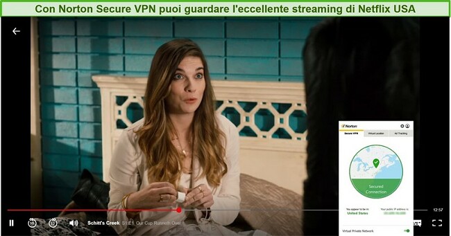 Screenshot di Norton Secure VPN che sblocca Netflix USA e riproduce in streaming Schitt's Creek.