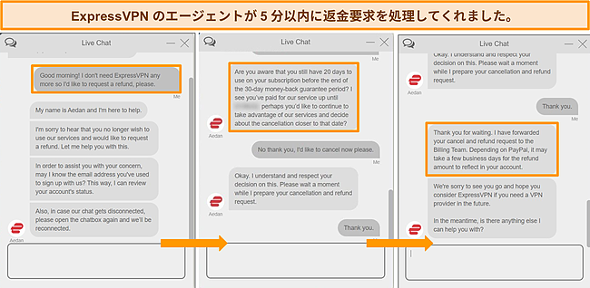 払い戻しリクエストを処理しているExpressVPNのライブチャットエージェントのスクリーンショット。