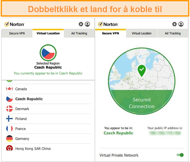Skjermbilde av Norton Secure VPN koblet til en server i Tsjekkia.