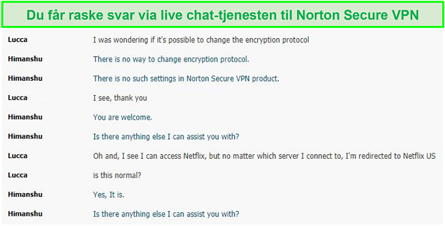 Skjermbilde av en livechatt-samtale med Norton Secure VPN-støtte.