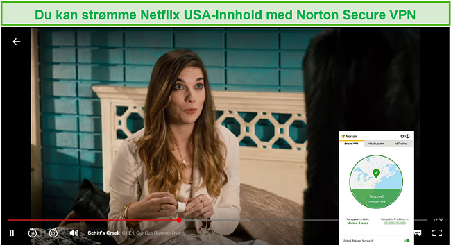 Skjermbilde av Norton Secure VPN som blokkerer Netflix USA og streamer Schitt's Creek.