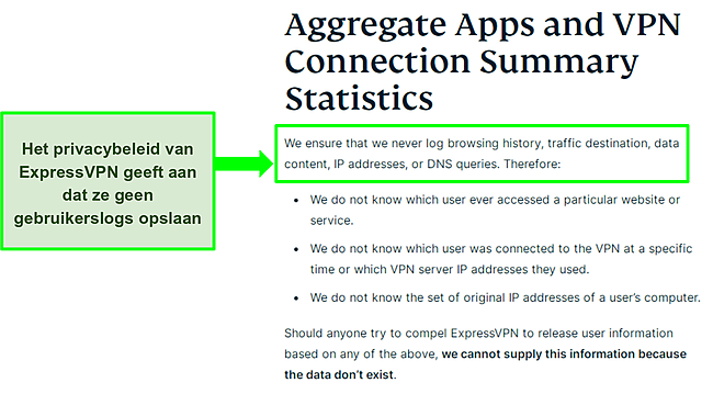 Screenshot van het privacybeleid van ExpressVPN.