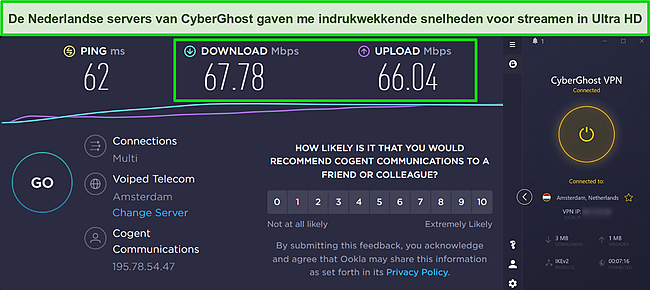 Schermafbeelding van snelheidstestresultaten terwijl CyberGhost is verbonden met een server in Amsterdam, Nederland