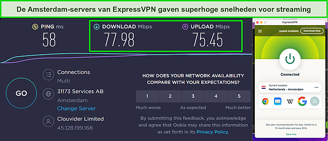 Schermafbeelding van snelheidstestresultaten terwijl ExpressVPN is verbonden met een server in Amsterdam, Nederland