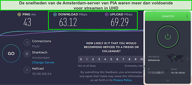 Schermafbeelding van snelheidstestresultaten terwijl PIA is verbonden met een server in Amsterdam, Nederland