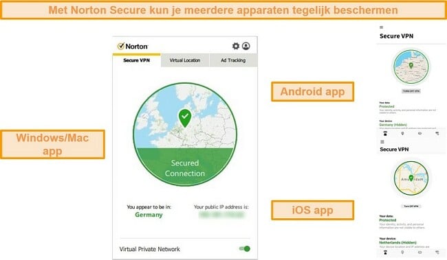Screenshots van Norton Secure VPN Windows-, Mac-, Android- en iOS-apps.