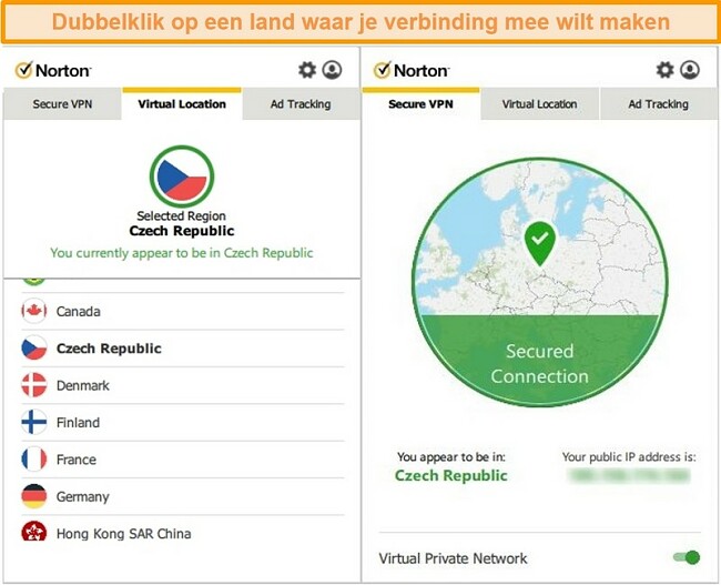 Screenshot van Norton Secure VPN verbonden met een server in Tsjechië.