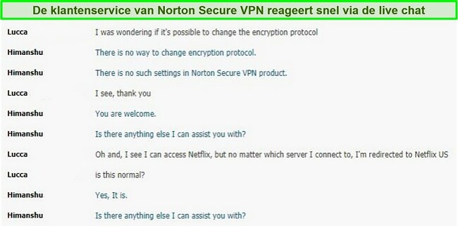 Screenshot van een live chatgesprek met Norton Secure VPN-ondersteuning.