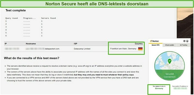 Screenshot van Norton Secure VPN die een DNS-lektest doorstaat.