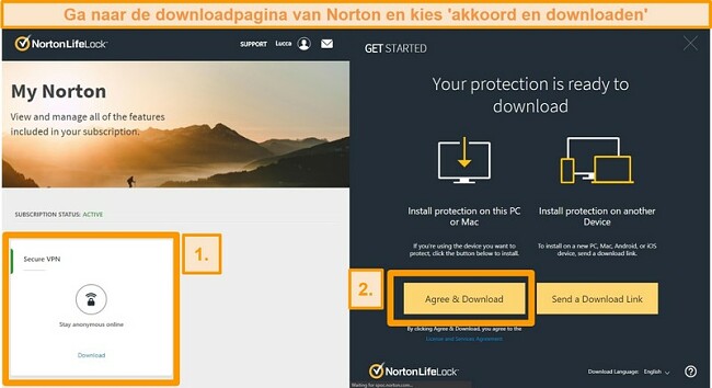 Screenshots van Norton Secure VPN's Mijn Norton en downloadpagina's.